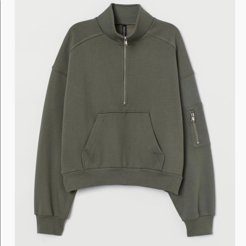 Khaki Green Turtleneck/Collared Cropped Sweatshirt